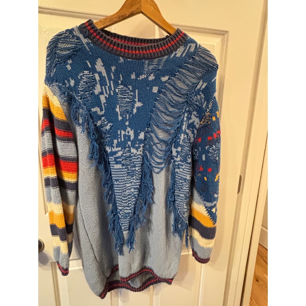 BDG Urban Outfitters Distressed Fringe Knit Sweater Blue Multi XS Oversized
